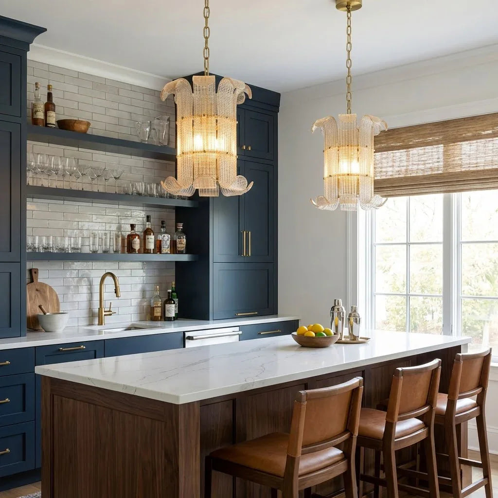 Curved Glass Slat Drum Wall Lamp - Modern Blue Kitchen Marble Island Bar Stools | HoaiLamp