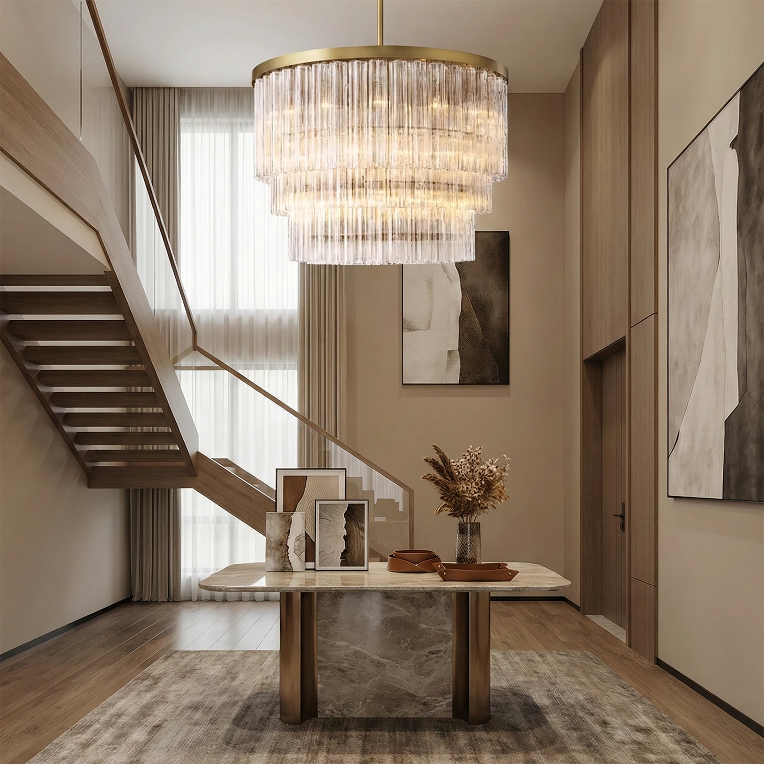 Murano Star Glass Brass Pendant Light - Modern Floating Staircase Foyer Glass Railing Long Console Table | HoaiLamp