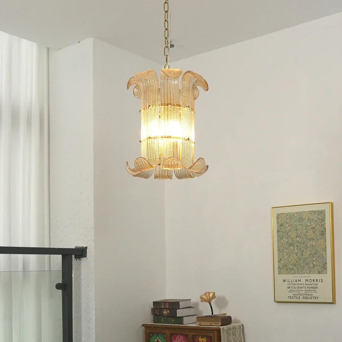 Curved Glass Slat Drum Wall Lamp - Room Corner Sheer Curtain Framed Art Wall | HoaiLamp