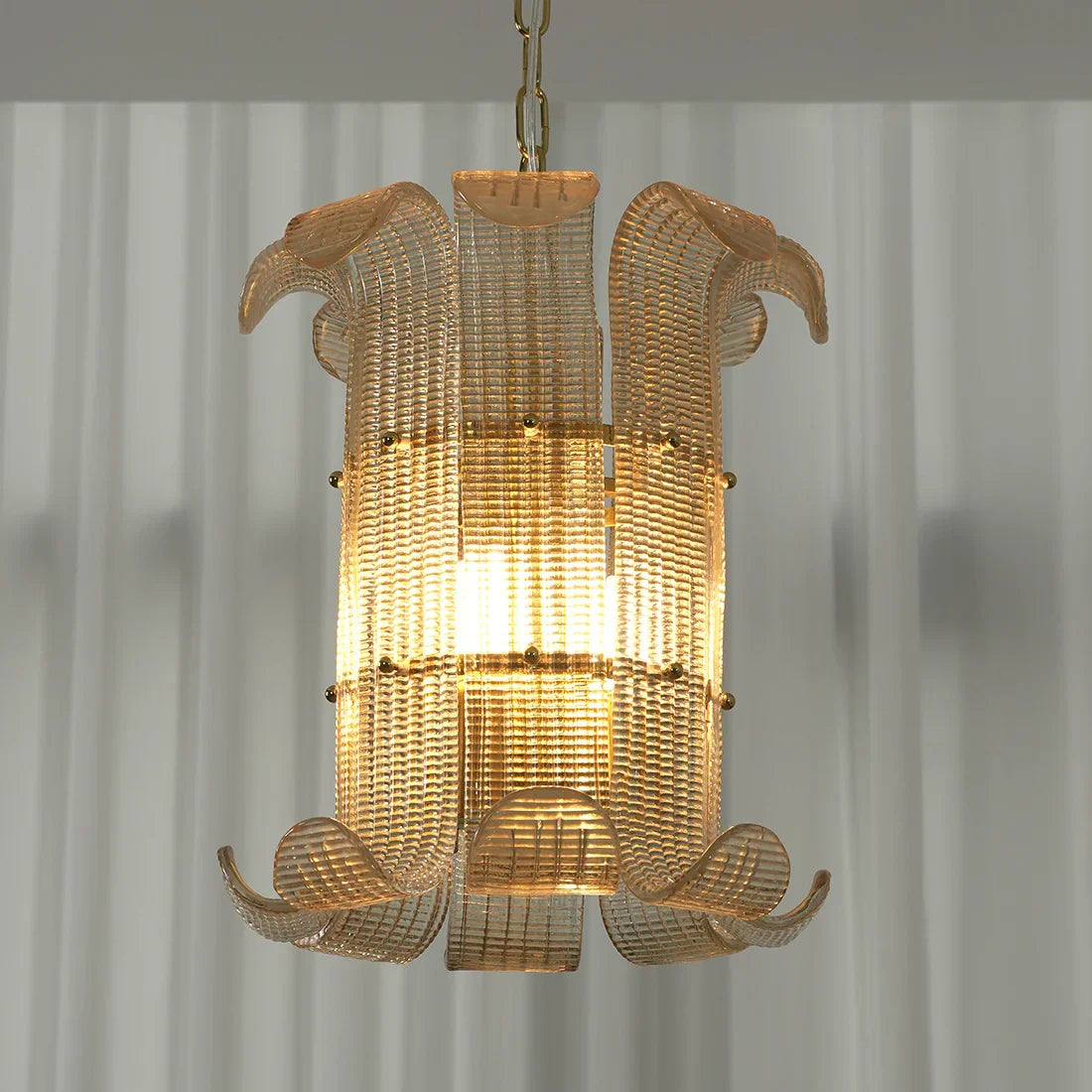 Curved Glass Slat Drum Wall Lamp - Sheer Curtain Window Background Warm Glow Lit | HoaiLamp