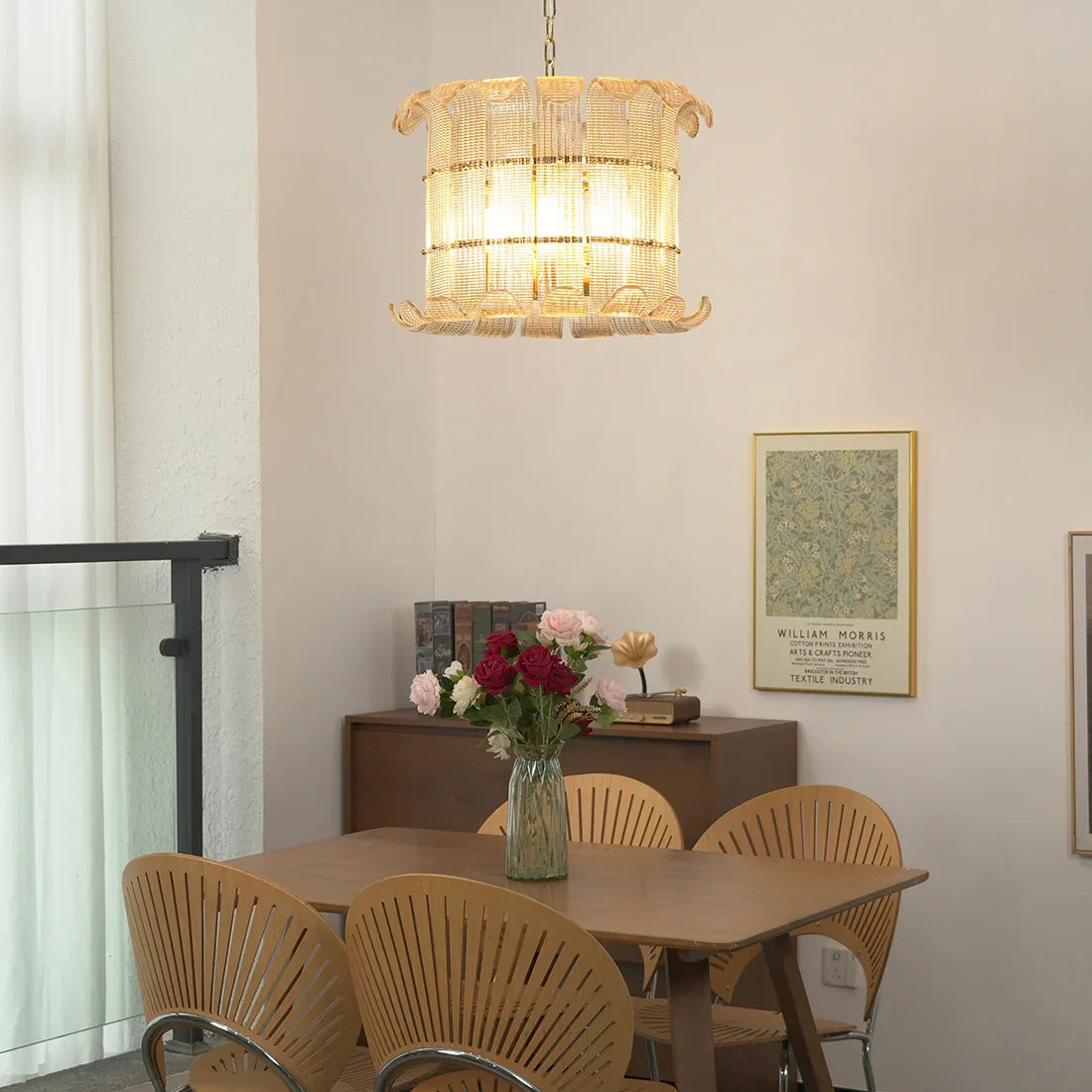 Curved Glass Slat Drum Wall Lamp - Simple Dining Area Round Table Framed Poster | HoaiLamp