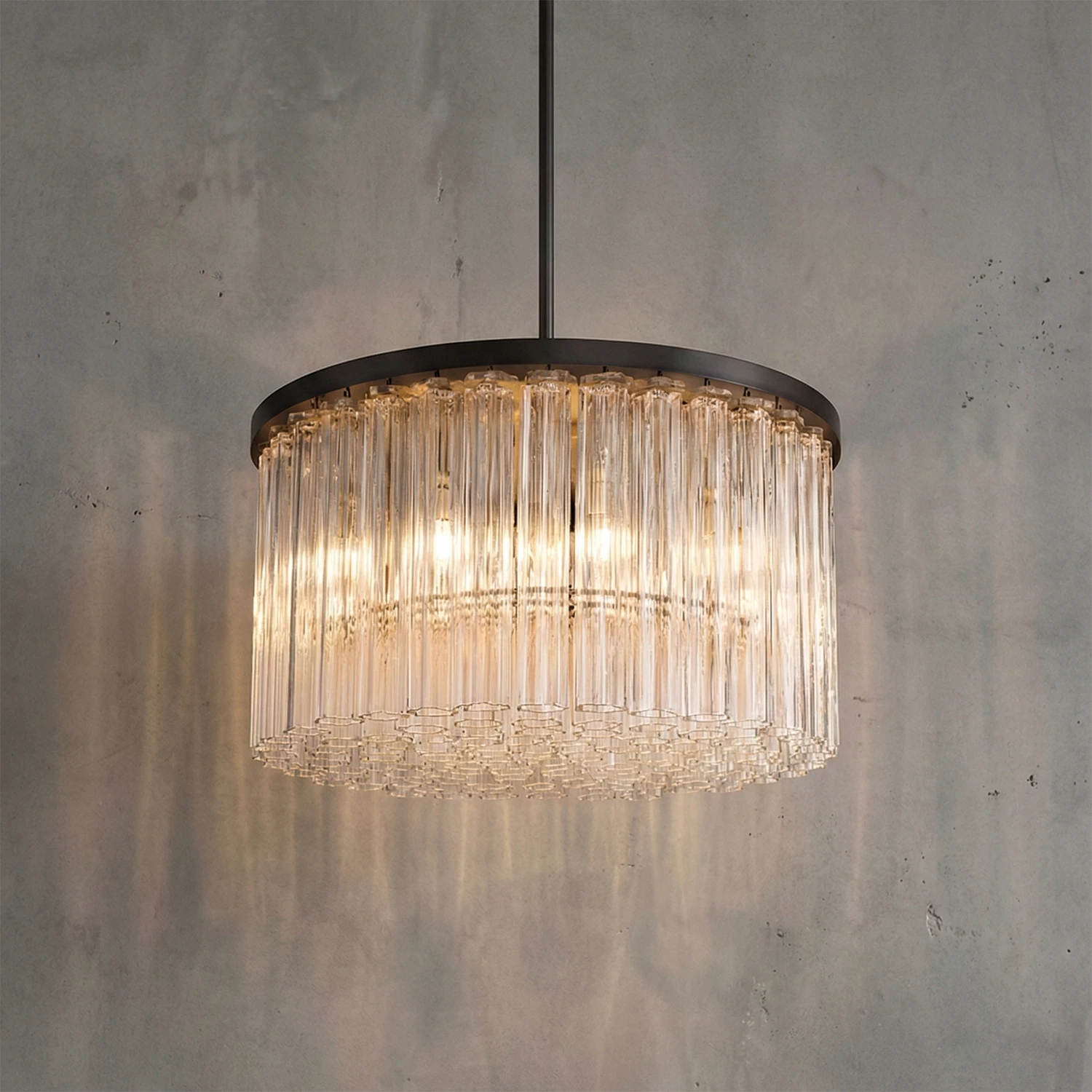 Murano Star Glass Brass Pendant Light - Studio Grey Concrete Single Tier Round Drum Matte Black Lit | HoaiLamp