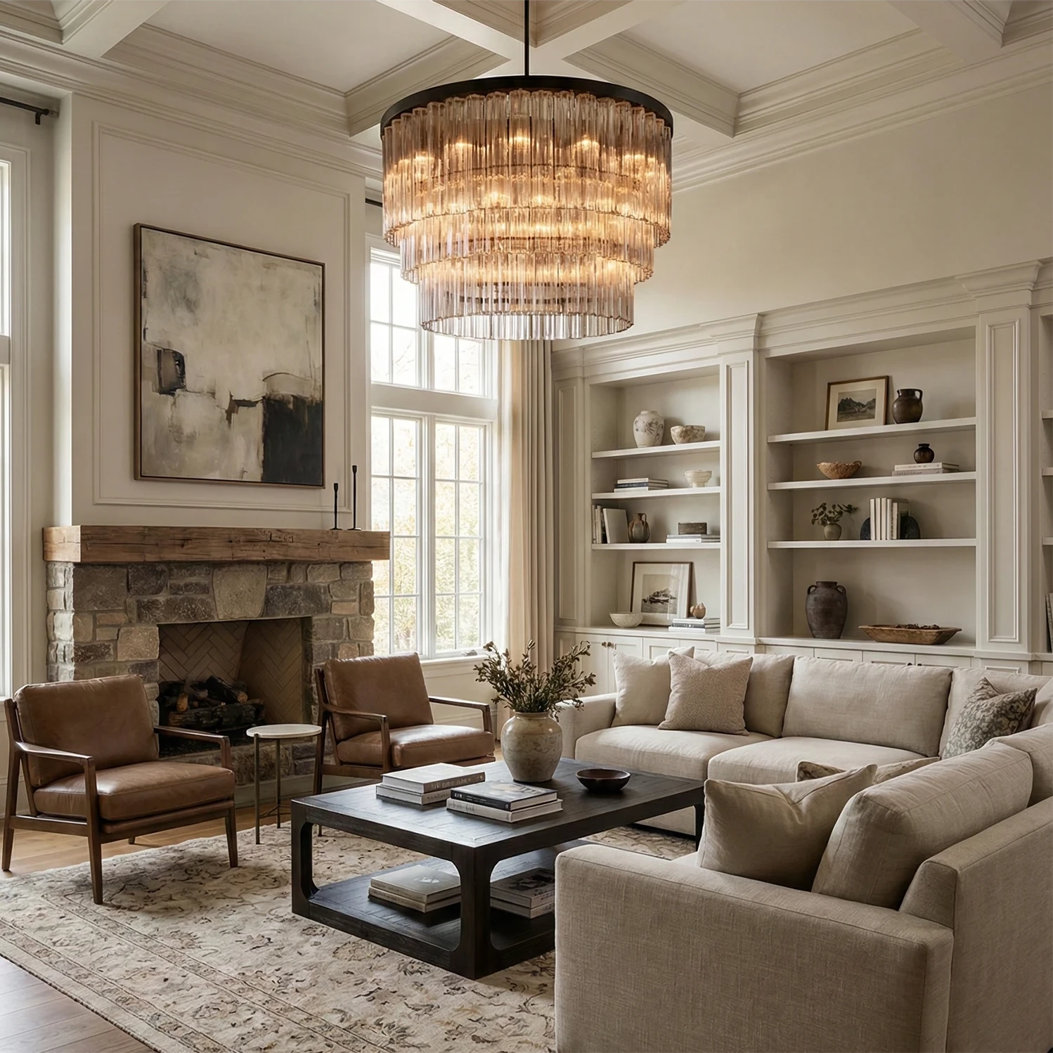 Murano Star Glass Brass Pendant Light - Traditional High Ceiling Living Room White Bookshelves Stone Fireplace | HoaiLamp