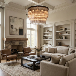 Murano Star Glass Brass Pendant Light - Traditional High Ceiling Living Room White Bookshelves Stone Fireplace | HoaiLamp