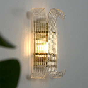 Curved Glass Slat Drum Wall Lamp - Close Up White Plaster Wall Green Foliage Leaves | HoaiLamp