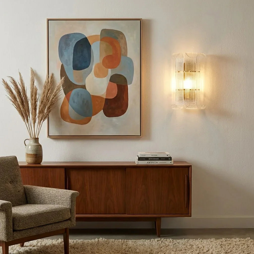 Curved Glass Slat Drum Wall Lamp - Retro Living Room Walnut Credenza Abstract Artwork | HoaiLamp