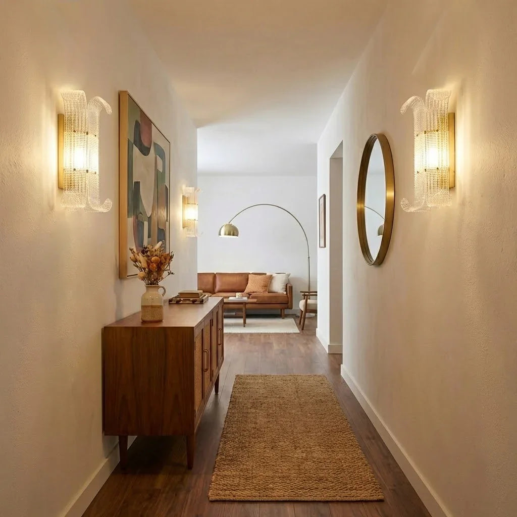 Curved Glass Slat Drum Wall Lamp - Long Hallway Corridor Wooden Credenza Runner Rug | HoaiLamp