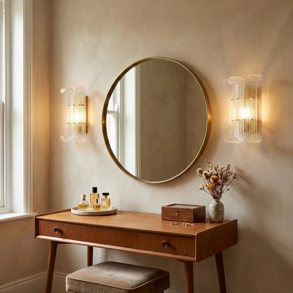 Curved Glass Slat Drum Wall Lamp - Retro Makeup Vanity Table Round Brass Mirror | HoaiLamp