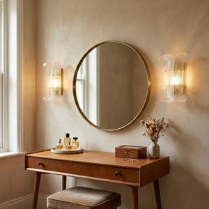 Curved Glass Slat Drum Wall Lamp - Retro Makeup Vanity Table Round Brass Mirror | HoaiLamp