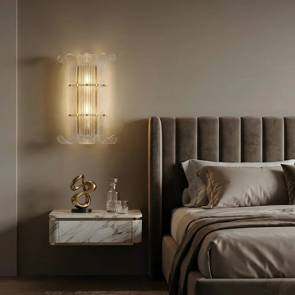Curved Glass Slat Drum Wall Lamp - Modern Bedroom Grey Vertical Tufted Headboard | HoaiLamp