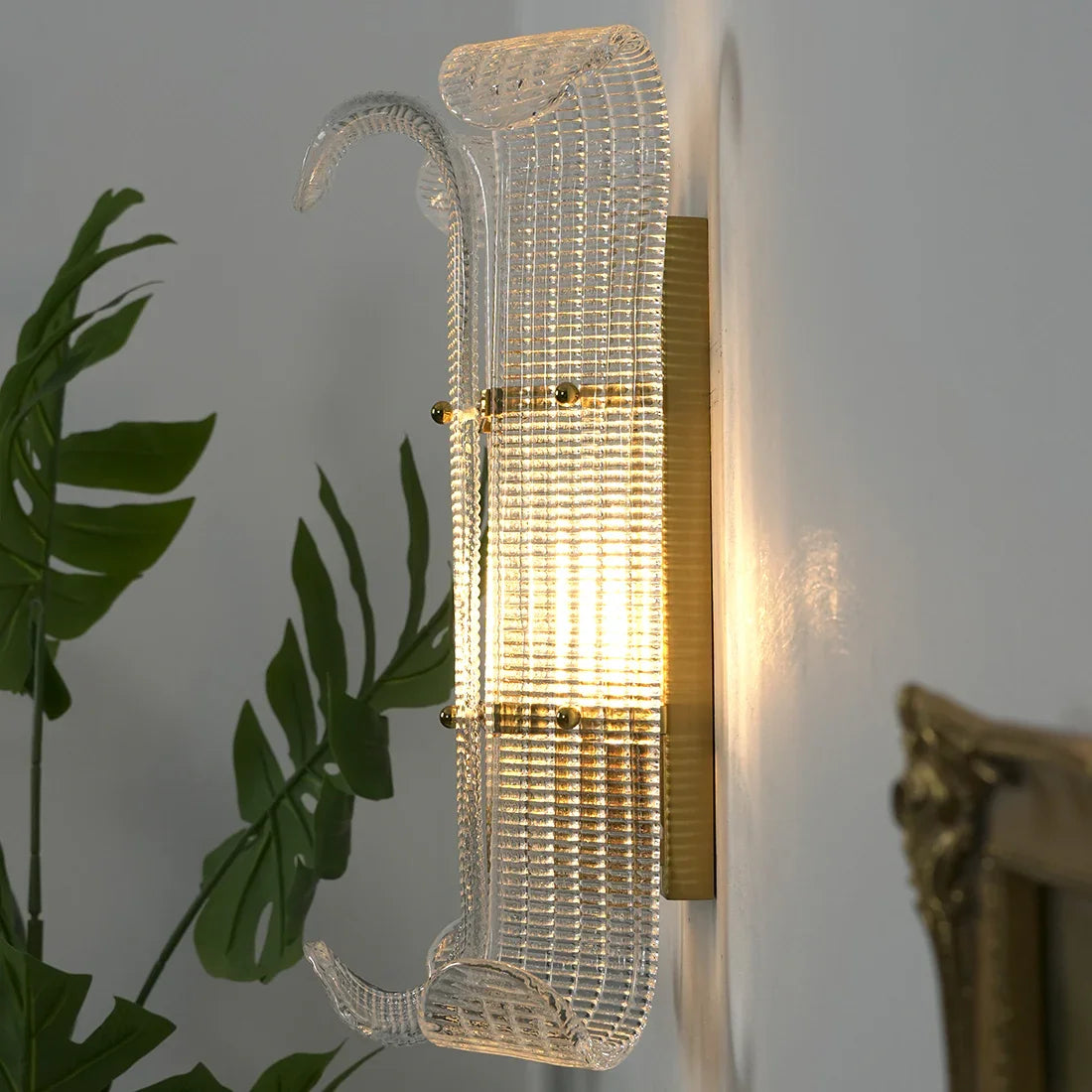 Curved Glass Slat Drum Wall Lamp - Profile View White Wall Brass Mounting Bracket | HoaiLamp