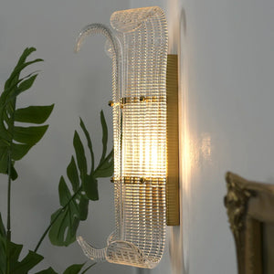 Curved Glass Slat Drum Wall Lamp - Profile View White Wall Brass Mounting Bracket | HoaiLamp