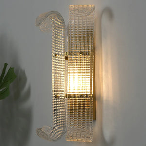 Curved Glass Slat Drum Wall Lamp - White Wall Side Angle Ambient Warm Glow | HoaiLamp