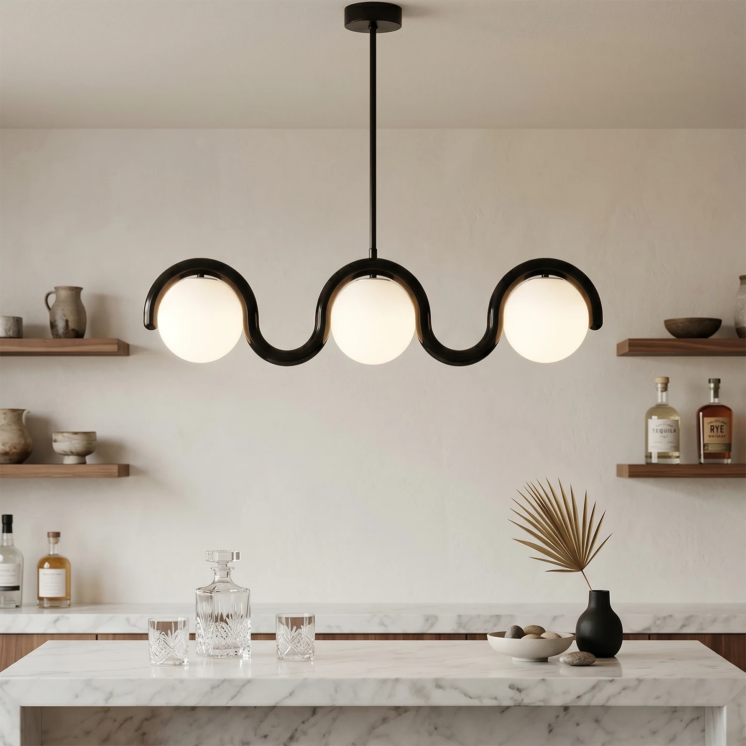 Curved Linear Opal Globe Pendant- 3-Light Black Sophisticated Marble Bar | HoaiLamp