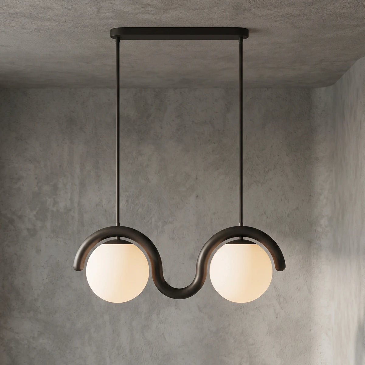 Curved Linear Opal Globe Pendant - Black 2 Light Illuminated Glow | HoaiLamp