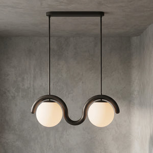 Curved Linear Opal Globe Pendant - Black 2 Light Illuminated Glow | HoaiLamp
