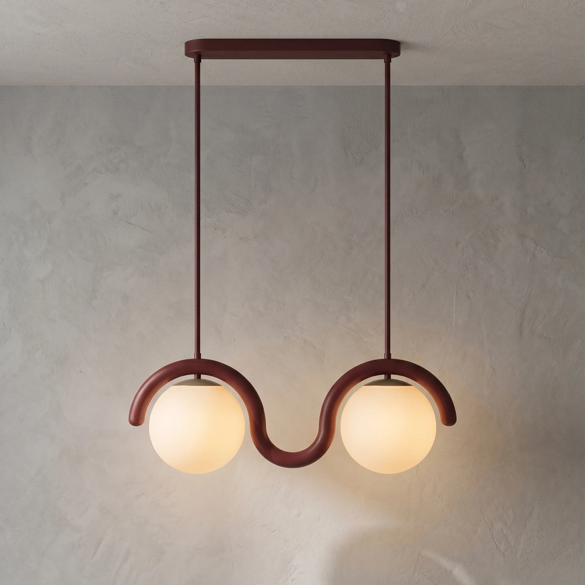 Curved Linear Opal Globe Pendant - Reddish Brown 2 Light Illuminated Glow | HoaiLamp