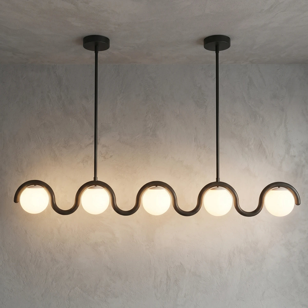 Curved Linear Opal Globe Pendant - Black 5 Light Illuminated Glow | HoaiLamp