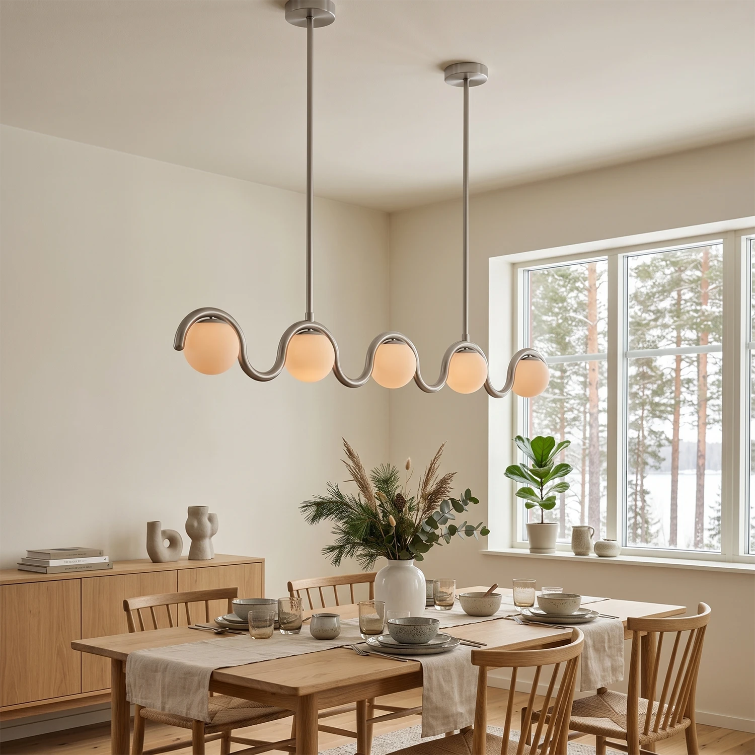 Curved Linear Opal Globe Pendant- 5-Light Silver Nordic Dining Elegance | HoaiLamp