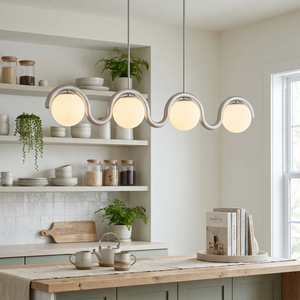 Curved Linear Opal Globe Pendant- 4-Light Silver Minimalist Kitchen Island | HoaiLamp