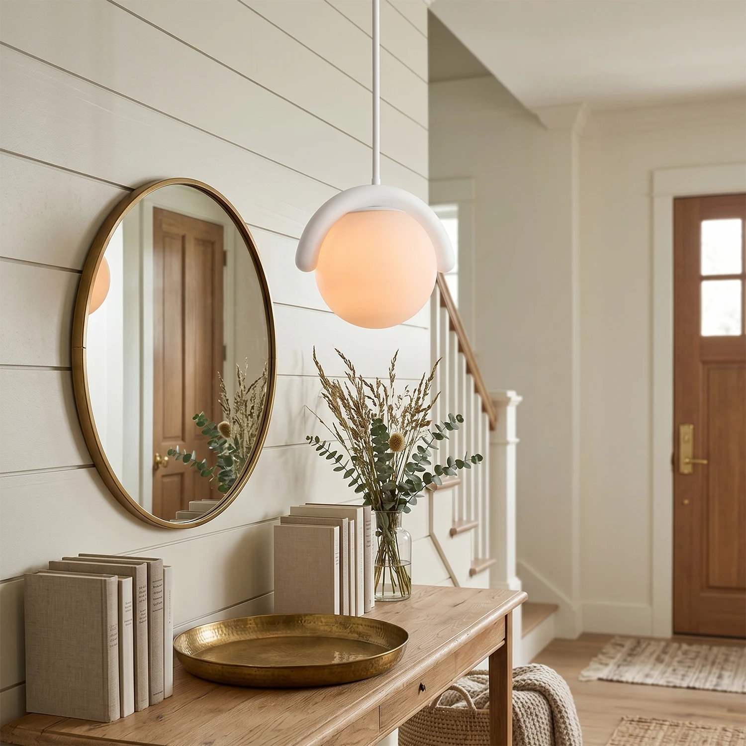 Curved Linear Opal Globe Pendant- Single White Minimalist Foyer Accent | HoaiLamp