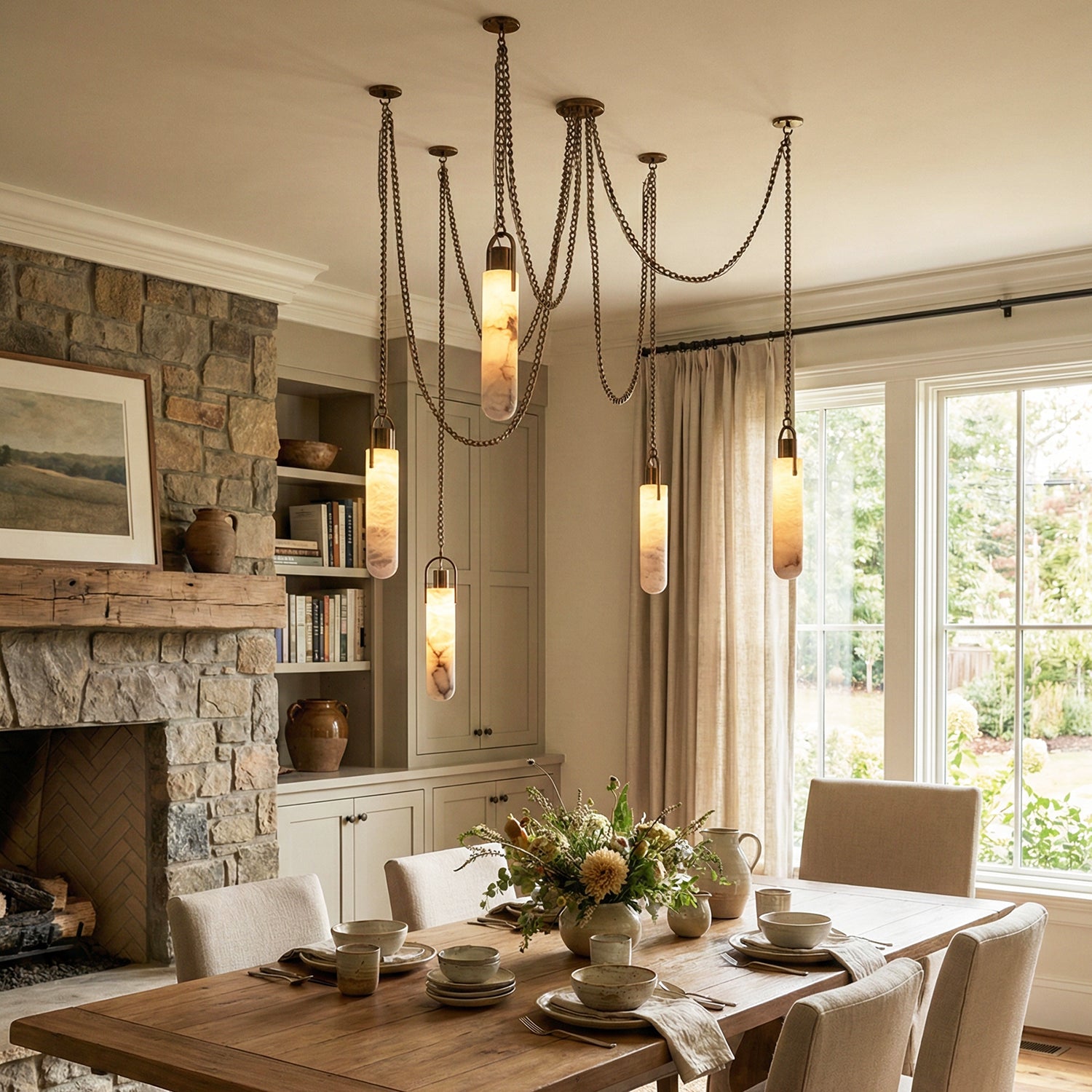 Cylindrical Alabaster Draped Chain Chandelier