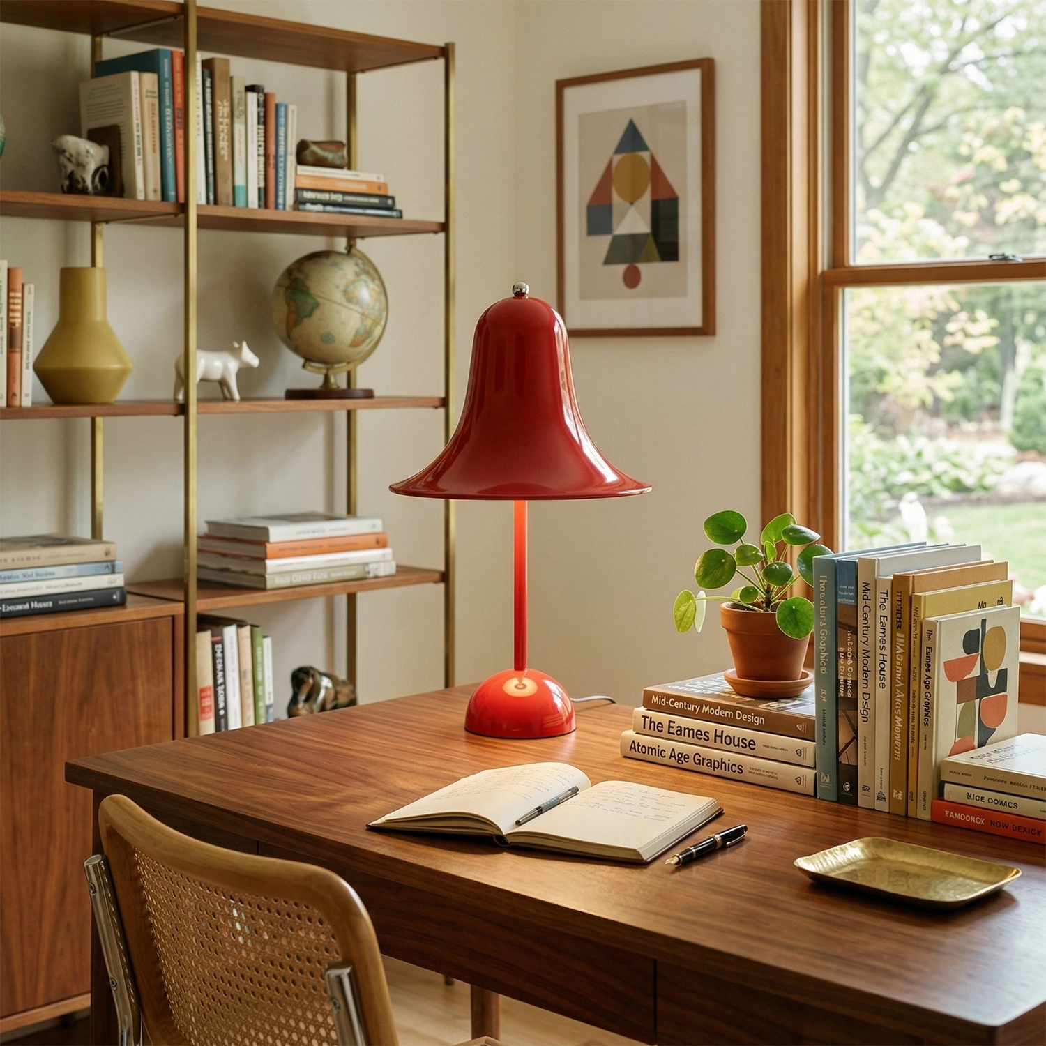 Danish "Bell" Portable Table Lamp - Mid-Century Vibrant Red Wooden Study Workspace | HoaiLamp