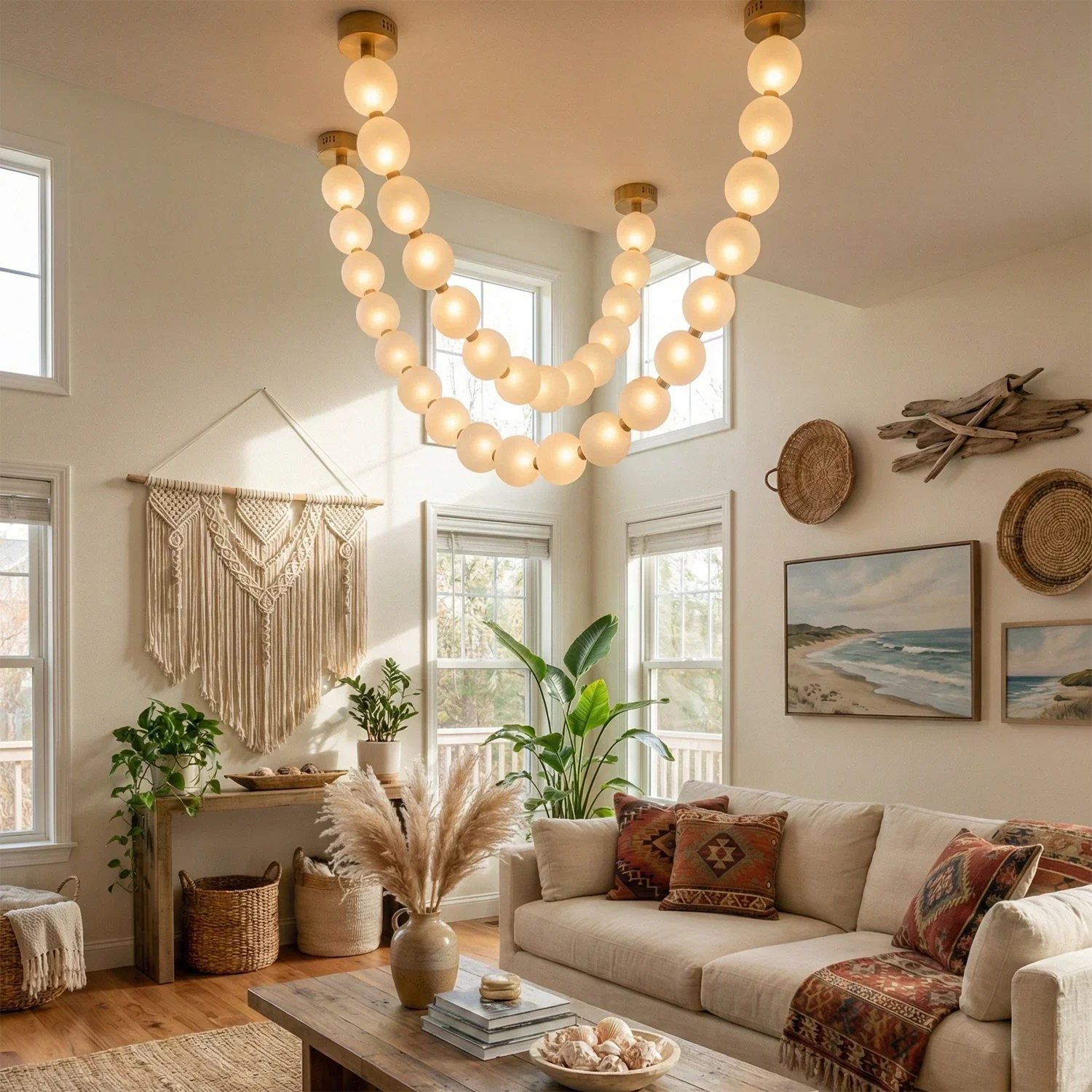 Dazzling Pearl Necklace Chandelier - Boho Chic Cozy Living Room Double Strand Totem | HoaiLamp
