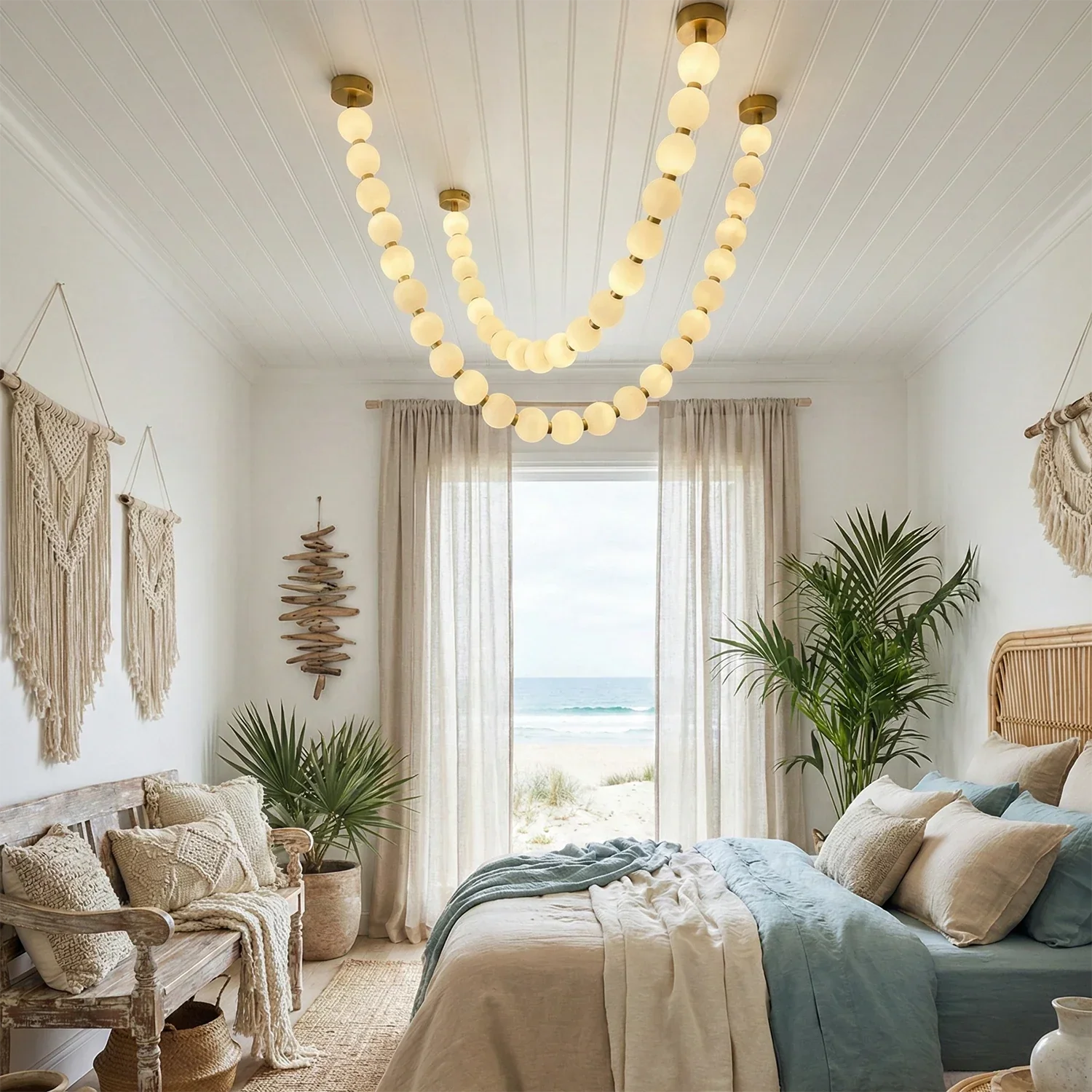 Dazzling Pearl Necklace Chandelier - Coastal Beach Bedroom Blue Accent Textiles Double Loop | HoaiLamp