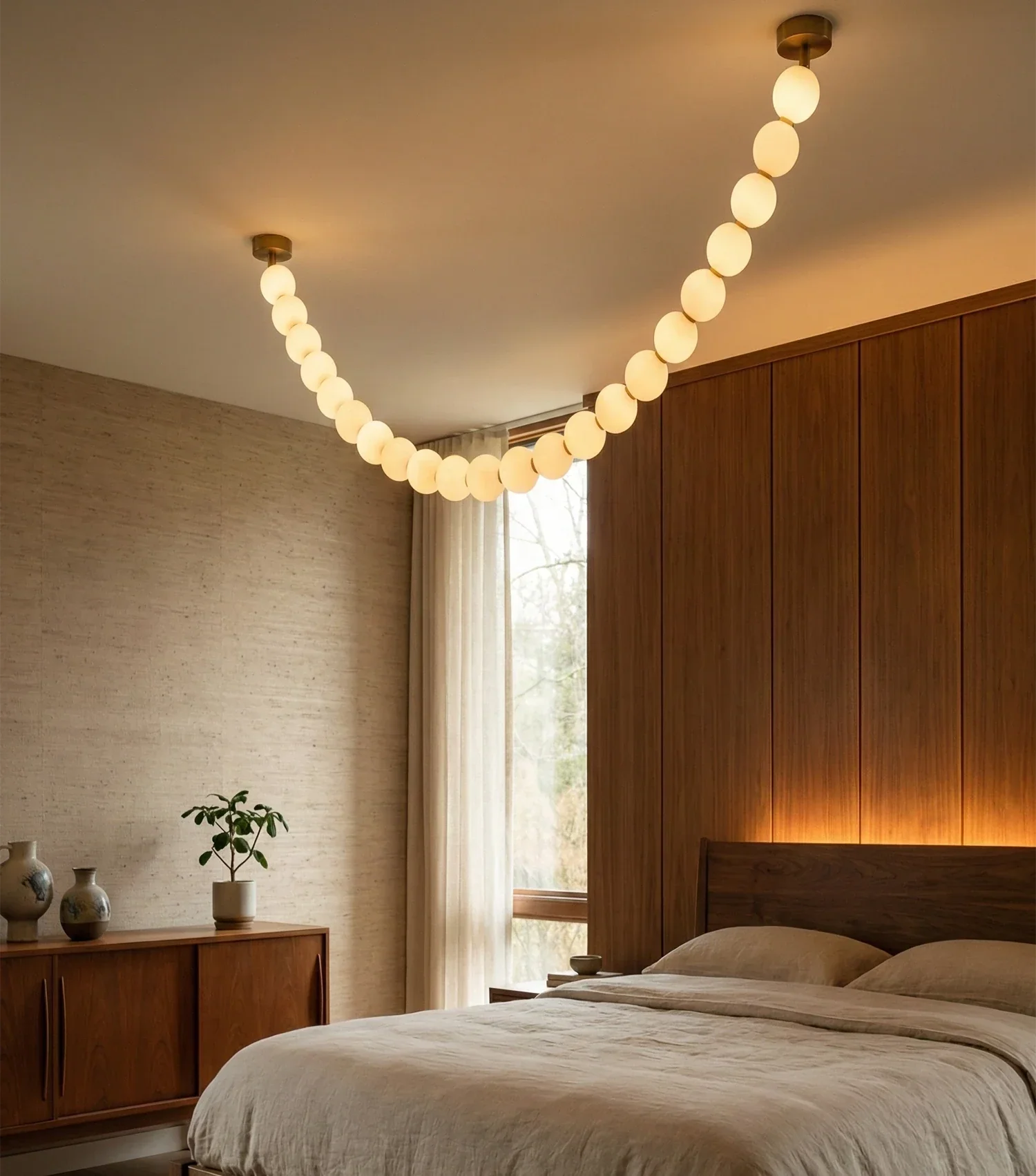 Dazzling Pearl Necklace Chandelier - Cozy Minimalist Bedroom Wood Paneling Accent Headboard Wall | HoaiLamp