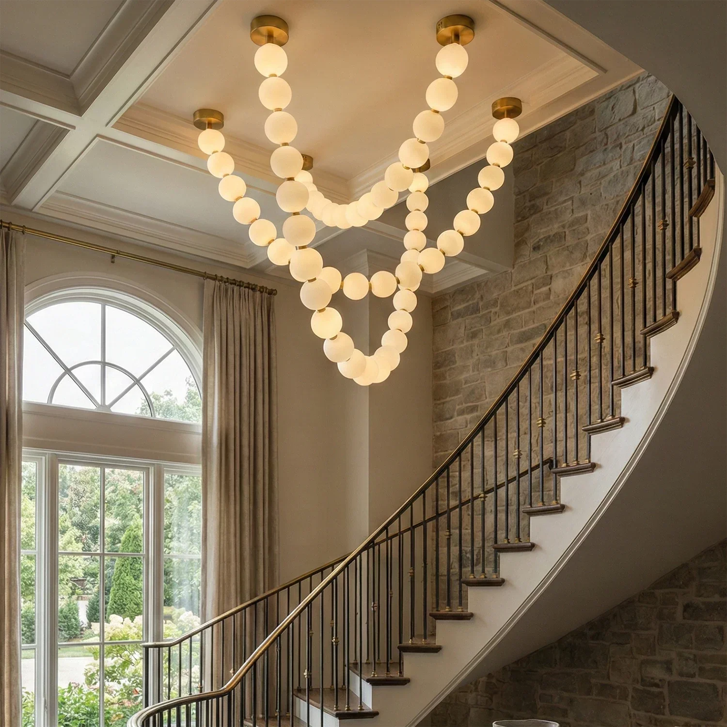 Dazzling Pearl Necklace Chandelier - Grand Entryway Spiral Staircase Large Arched Window Multi Strand | HoaiLamp