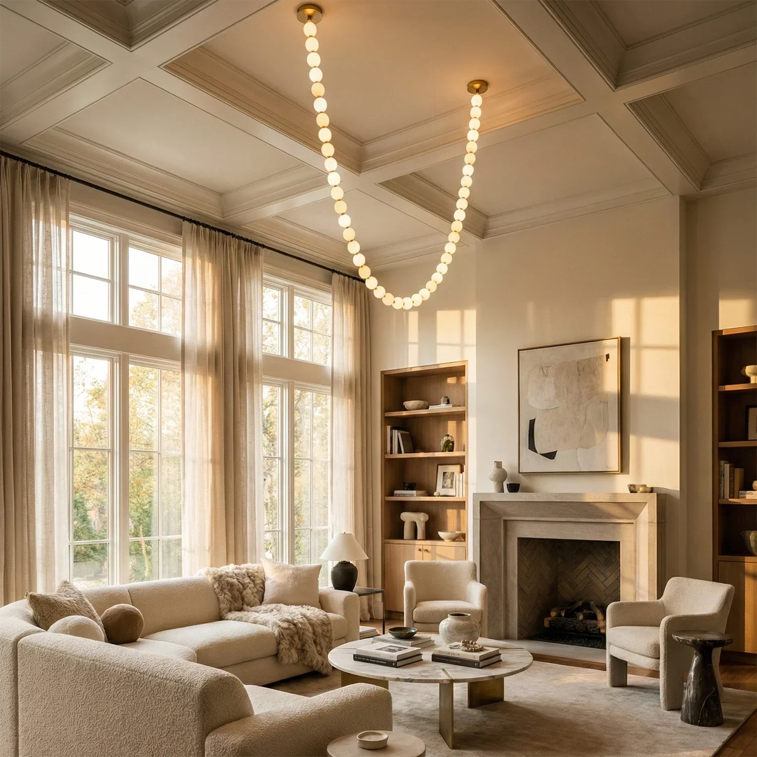 Dazzling Pearl Necklace Chandelier - Grand Living Room High Coffered Ceiling Classic Fireplace | HoaiLamp