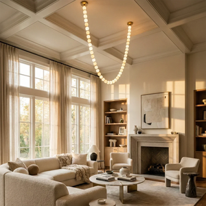 Dazzling Pearl Necklace Chandelier - Grand Living Room High Coffered Ceiling Classic Fireplace | HoaiLamp