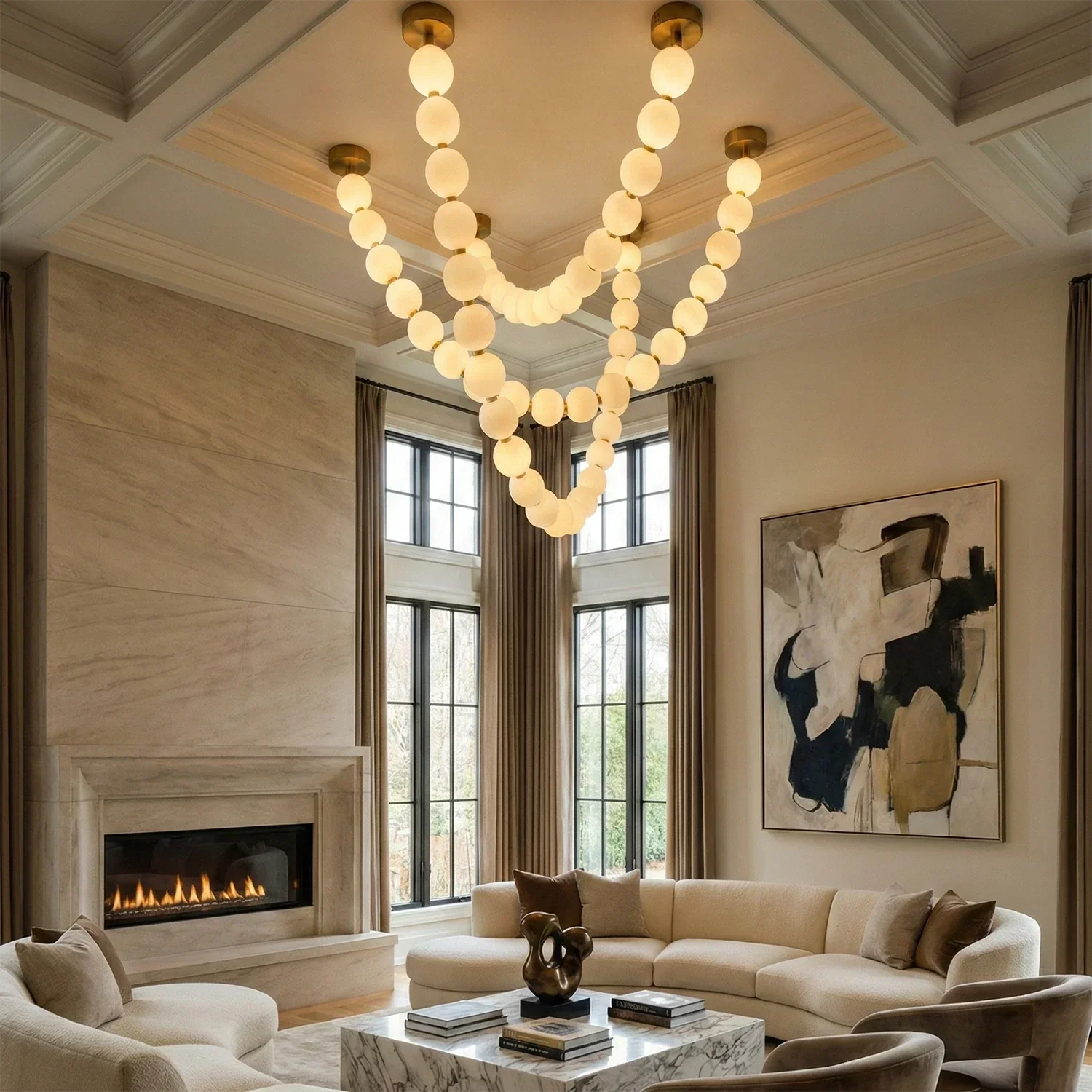 Dazzling Pearl Necklace Chandelier - High Coffered Ceiling Living Room Stone Fireplace Multi Tier | HoaiLamp