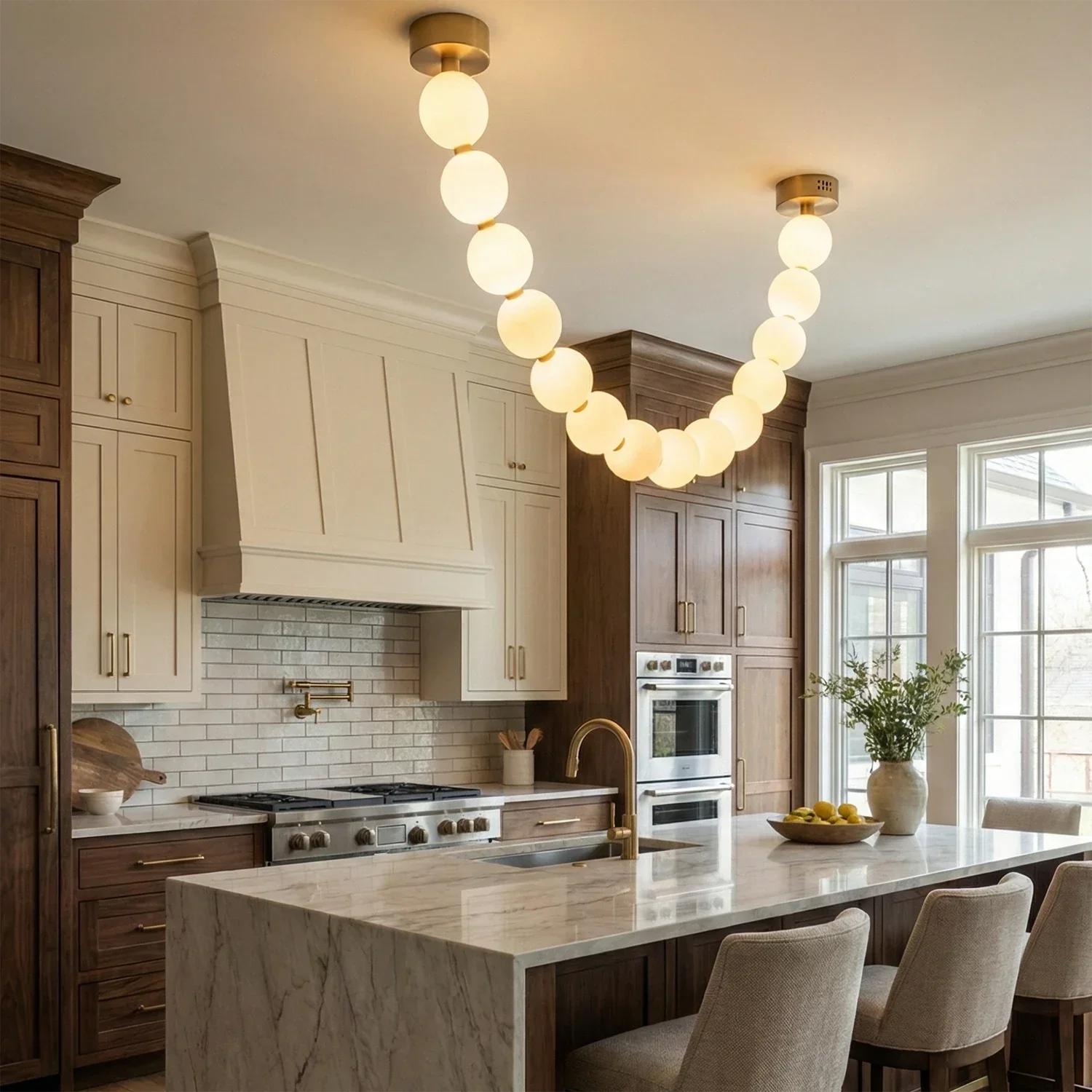 Dazzling Pearl Necklace Chandelier - Modern Bright Kitchen Marble Waterfall Island White Cabinets | HoaiLamp