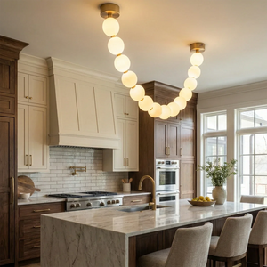 Dazzling Pearl Necklace Chandelier - Modern Bright Kitchen Marble Waterfall Island White Cabinets | HoaiLamp