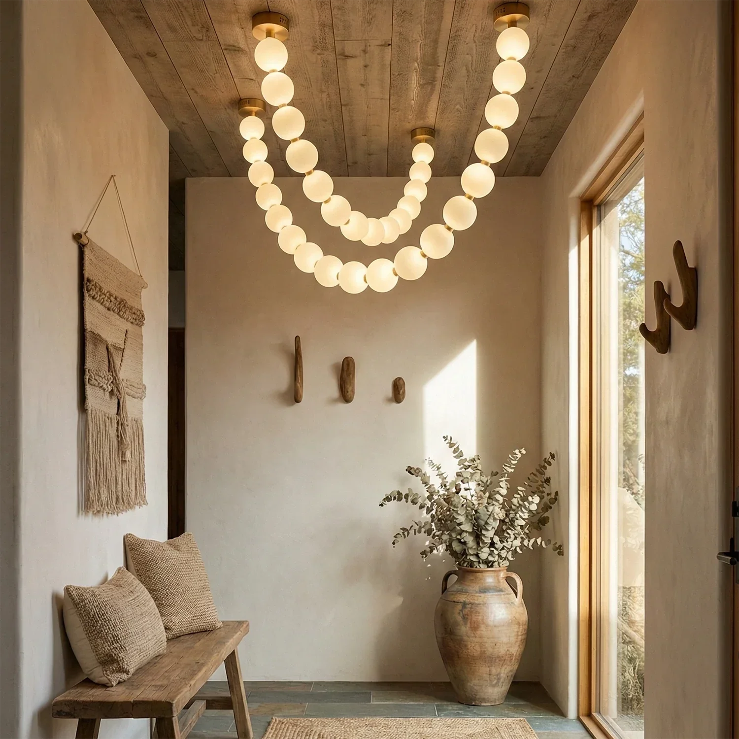 Dazzling Pearl Necklace Chandelier - Wabi Sabi Rustic Entryway Double Loop Strand Floating | HoaiLamp