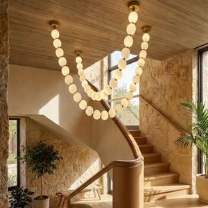 Dazzling Pearl Necklace Chandelier - Luxury Staircase Foyer Curved Wood Steps Multi Loop | HoaiLamp