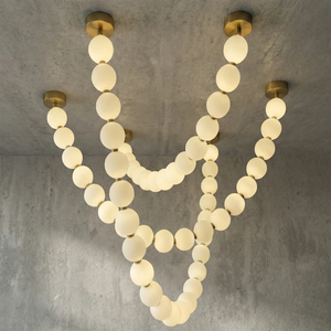 Dazzling Pearl Necklace Chandelier - Studio Grey Concrete Backdrop Triple Tier Cascading Multi Loop | HoaiLamp