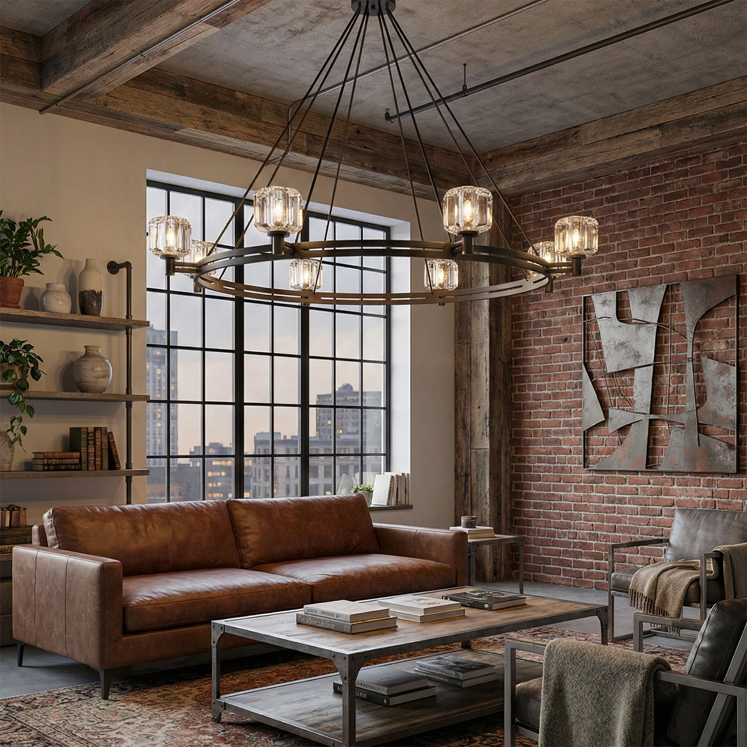 Demare Halo Crystal Ring Chandelier - Lifestyle Industrial Loft Brick Wall Leather Sofa | HoaiLamp