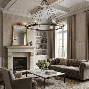 Demare Halo Crystal Ring Chandelier - Lifestyle Transitional Living Room Fireplace Mantel | HoaiLamp