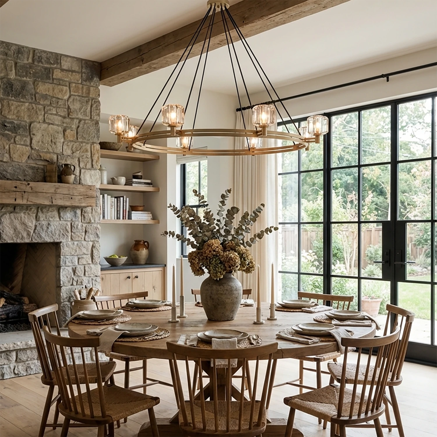 Demare Halo Crystal Ring Chandelier - Rustic Dining Room Stone Accent Wall Round Table | HoaiLamp