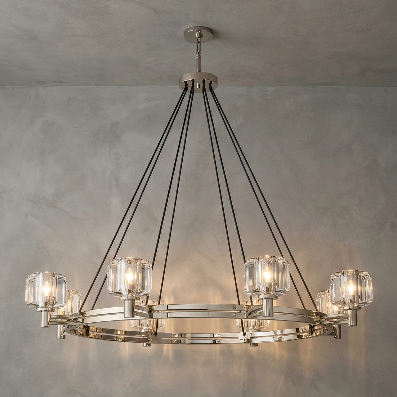 Demare Halo Crystal Ring Chandelier - Studio Grey Background Gold Brass Fixture Lit | HoaiLamp