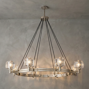 Demare Halo Crystal Ring Chandelier - Studio Grey Background Gold Brass Fixture Lit | HoaiLamp