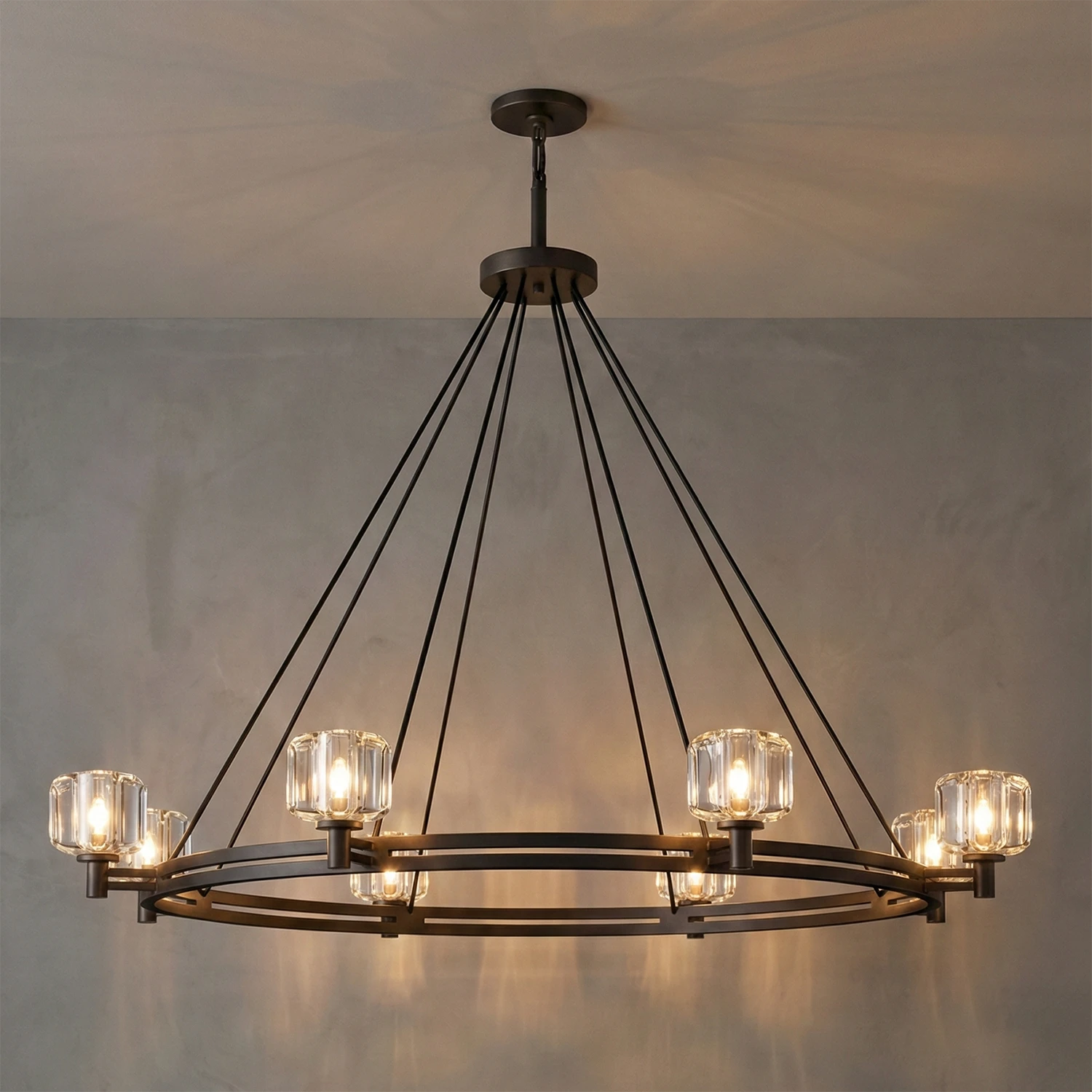 Demare Halo Crystal Ring Chandelier - Studio Grey Background Large Black Fixture Lit | HoaiLamp