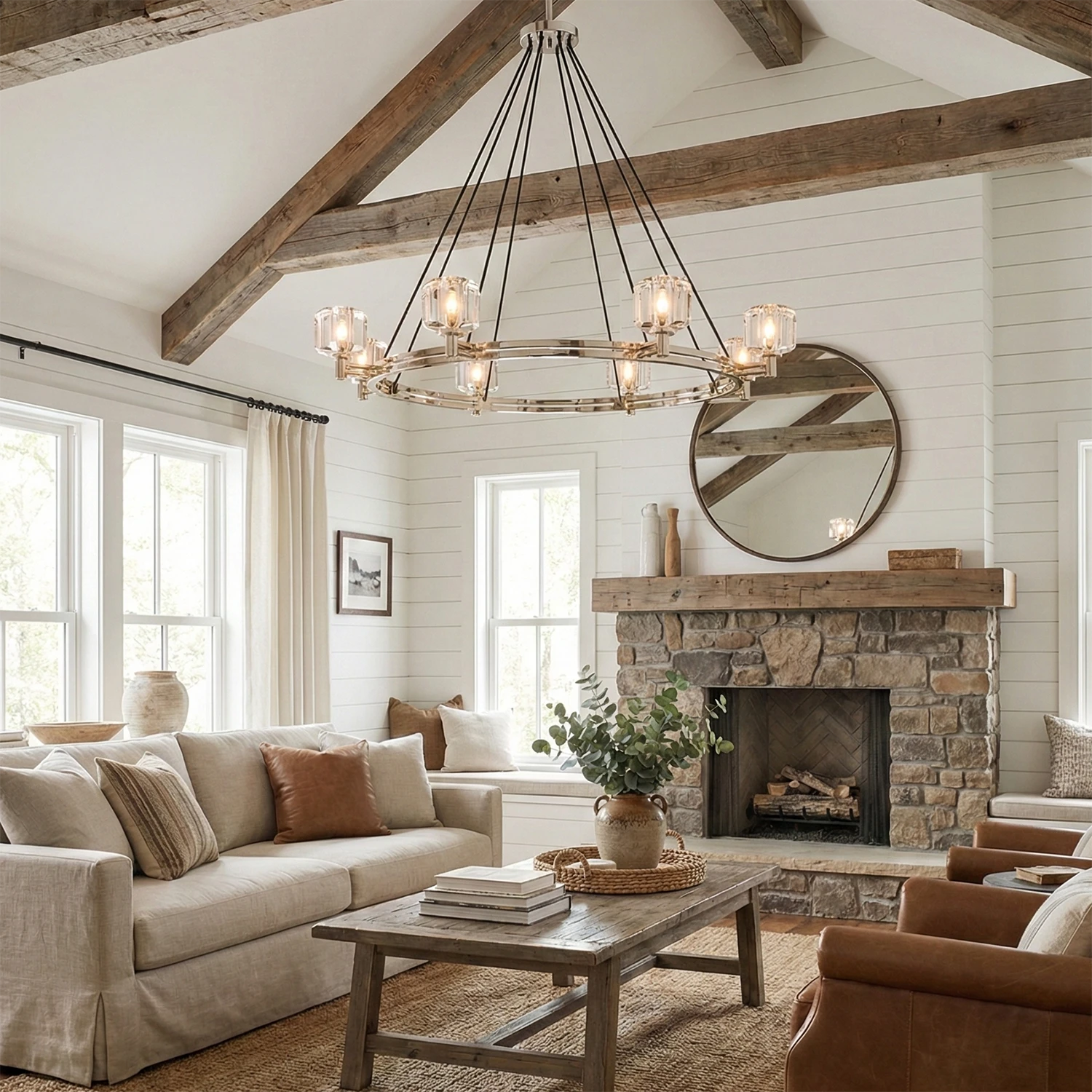 Demare Halo Crystal Ring Chandelier - Vaulted Ceiling Farmhouse Living Room Stone Fireplace | HoaiLamp