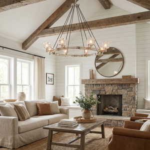 Demare Halo Crystal Ring Chandelier - Vaulted Ceiling Farmhouse Living Room Stone Fireplace | HoaiLamp