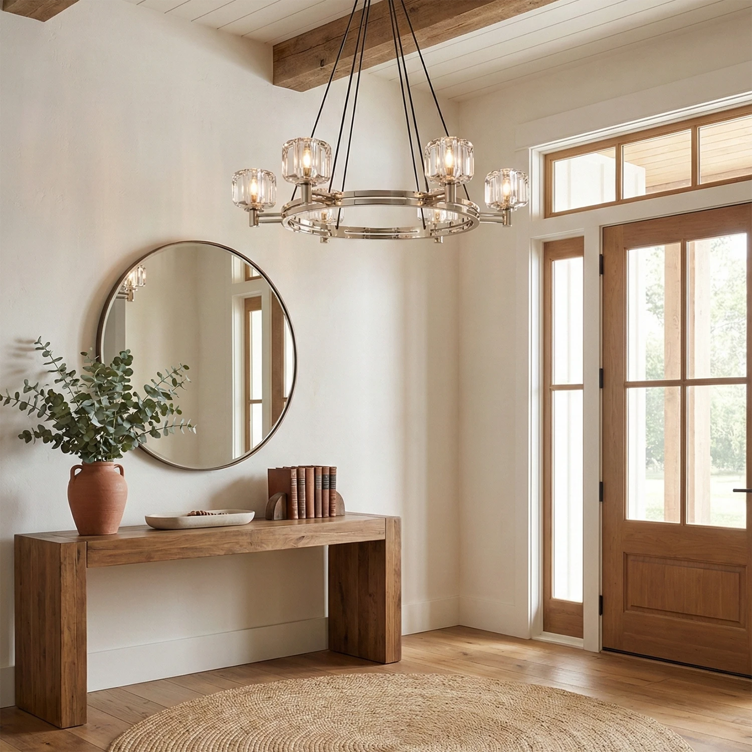 Demare Halo Crystal Ring Chandelier - Wide Foyer Wooden Console Table Round Mirror | HoaiLamp