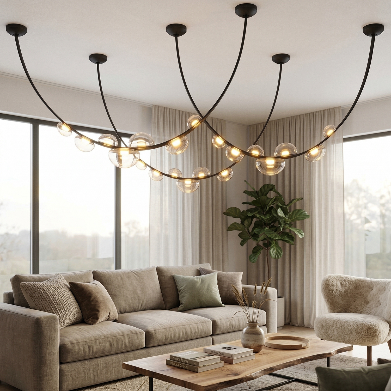 Dew Aura Leather-Strap Glass Pendant - Modern Minimalism Spacious Salon Centerpiece | HoaiLamp