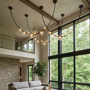 Dew Aura Leather-Strap Glass Pendant - High Ceiling Villa Living Room Timber Beam Layout | HoaiLamp